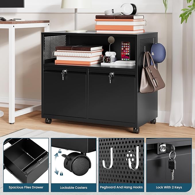 MIIIKO File Cabinet with Storage 2 Drawers, Rolling File Cabinet for Home Office, Metal Black 2 Drawers Storage with Shelf, for Printer, Letter A4 File Organizer