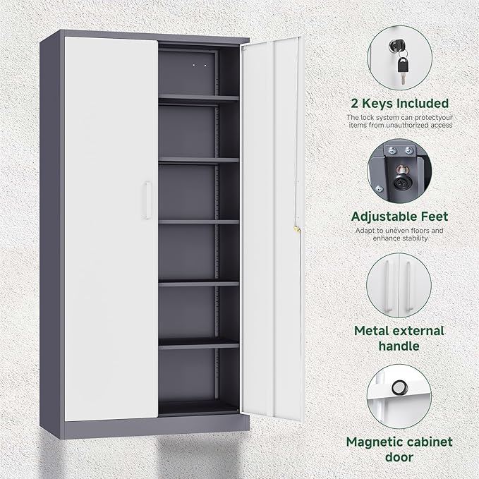Letaya Metal Storage Cabinet with Lock Door and 5 Shelves,6 Tier Steel Garage Tool Cabinet for Home Office Utility Room 72" H X 36" W X18 D (White Gray)