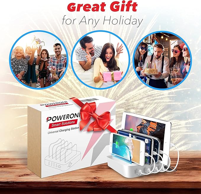 4 Port USB Charging Station - Charging Dock for Multiple Devices - Multi Device Charger Station - Compatible with Apple, iPad, iPhone, and Android - Universal Charge Rack for Phones and Tablets