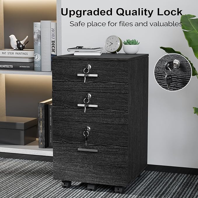 VINGLI 3-Drawer File Cabinet with Lock, Wood Rolling Filing Cabinets for Home Office, Mobile Printer Stand, Under Desk File Organizer for Letter Sized Files, 26" H(Caster Included), Black