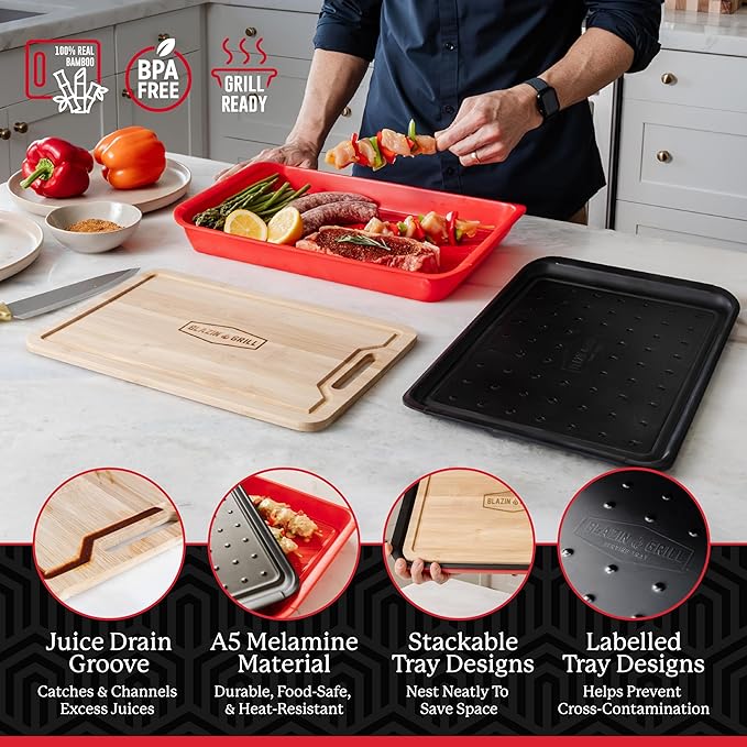 BLAZIN' GRILL Prep and Serving Trays | Set of 3 Stackable, Melamine Trays with Bamboo Cutting Board | Trays for Marinating, Serving & Chopping | Serving Platter for Plating Food & BBQ Prep Tub |