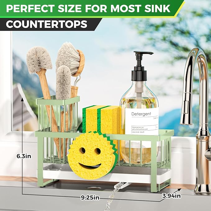 Sponge Holder for Kitchen Sink,Sink Caddy with Removable Dish Brush Holder,Self-Draining Kitchen Countertop Organizers and Storage Essentials,Soap Dispenser Organize and Home Decor-Green
