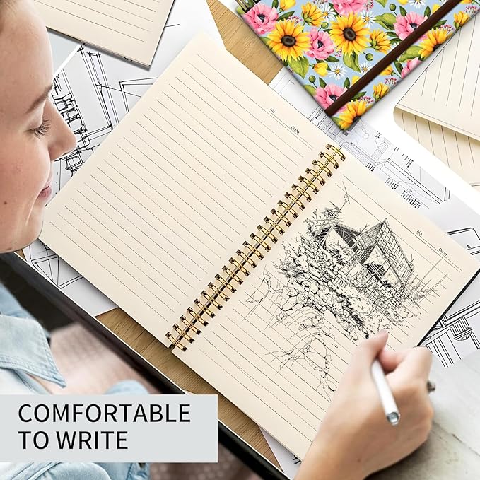 Spiral Journal Notebook, A5 Cute Notebooks for Women Men, College Ruled Hardcover Notebook for Work & Note Taking, 60 Pages Double-Wire Journals for Writing, Cute Sunflowers
