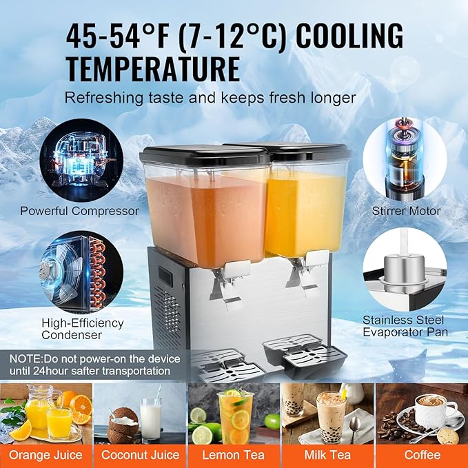VEVOR Commercial Beverage Dispenser, 2 Tanks 18 L / 19 QT Per Tank Juice Dispenser, 370W Stainless Steel Ice Tea Drink Machine with 45°F-54°F Cooling Temperature, for Cold Drink Restaurant Bar Party