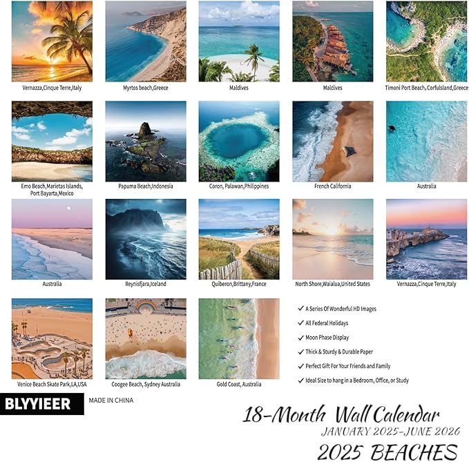2025 Wall Calendar BEACHES, 18 Months Hangable Wall Calendars, Beach Calendars 2025-2026, 12" x 24" (Open), Thick Glossy Paper, Organizing & Planning