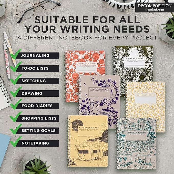 Decomposition 3-Pack Floral College Ruled Spiral Notebook - 9.75 x 7.5 Journal, 160 Lined Pages - 100% Recycled Paper - Notebooks for School Supplies, Home & Office - Made in USA