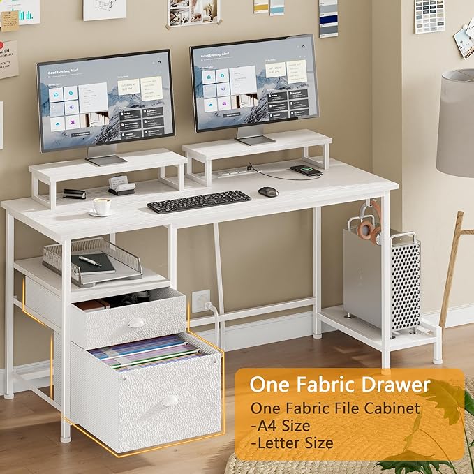 Furologee 47" Computer Desk with File Cabinet and Power Outlets, Home Office Desk with 2 Monitor Stands and Storage Drawer, Writing Gaming Table with Shelves and 2 Hooks for Bedroom, White