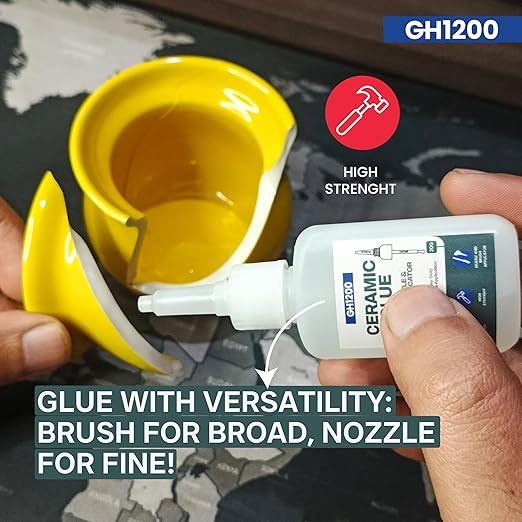 GH1200 Ceramic Glue Repair with Brush Applicator & Nozzle (20 g), Waterproof, Clear, Smooth. Fast Drying, Ceramic Glue for Pottery, Dishes, Mugs & More