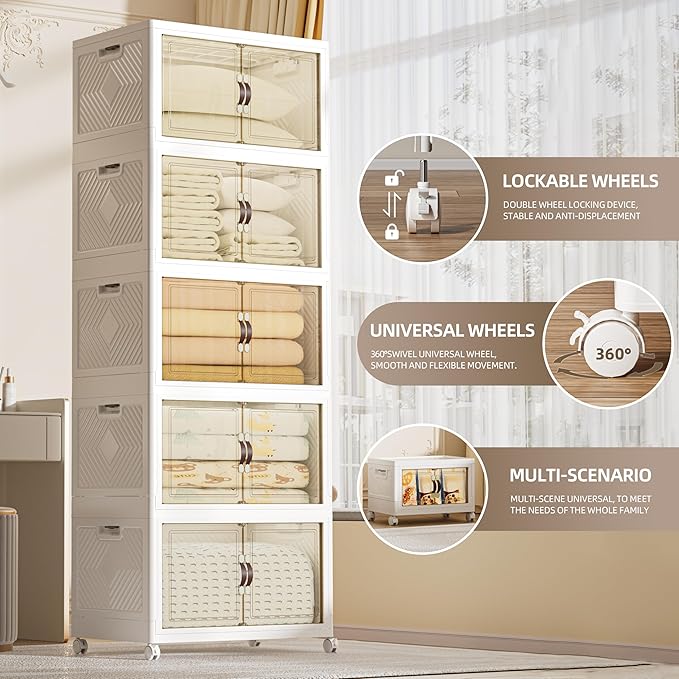 520 QT / 130 Gal Large Foldable Stackable Plastic Storage Cabinet with Double Magnetic Doors, Leather Handles & 4 Wheels - Organize Home, Office, Closet