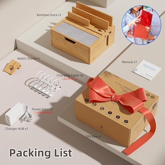 Multi-Device Charging Station Dock & Organizer, with Power Supply (5 Ports HUB), and Cables, Bedside Docking Station with Drawer Compartment -Natural Bamboo