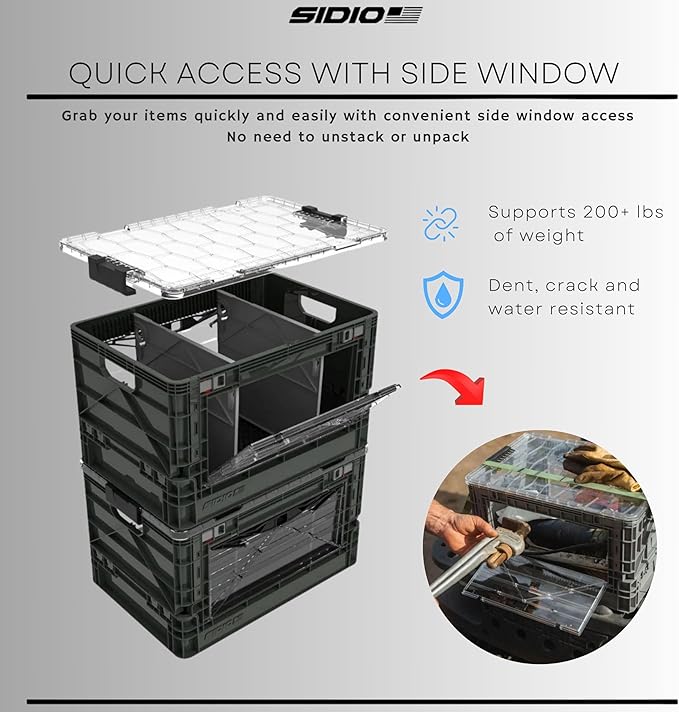 SIDIO Full-Size Collapsible Crate - Heavy Duty Stackable Storage Bin with Lid & 2 Short-Ways Dividers, Durable Plastic Organizer for Home, Office, Garage & Outdoor Use (Stealth)