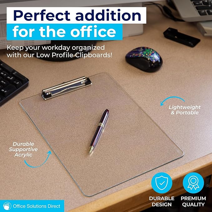 Plastic Clipboards (Set of 6) Transparent Clipboard (Clear) Strong 12.5 x 9 Inch | Holds 100 Sheets! Acrylic Clipboards with Low Profile Clip | Bulk Back to School Supplies for Teachers