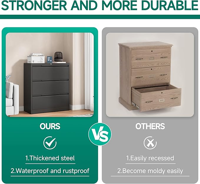 Filing Cabinet with Lock,Lateral File Cabinets 3 Drawer Metal Wide Filing Organization,Home Office School Furniture for Hanging Files Letter/Legal/F4/A4 Size,Black - Assembly Required