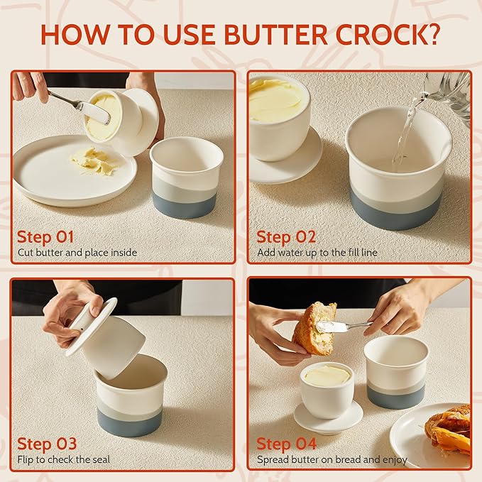 Sweese Light Blue French Butter Crock with Lid – Ceramic Butter Keeper Crock with Water for Countertop Use, Matte Glazed French Butter Keeper, Dishwasher & Microwave Safe