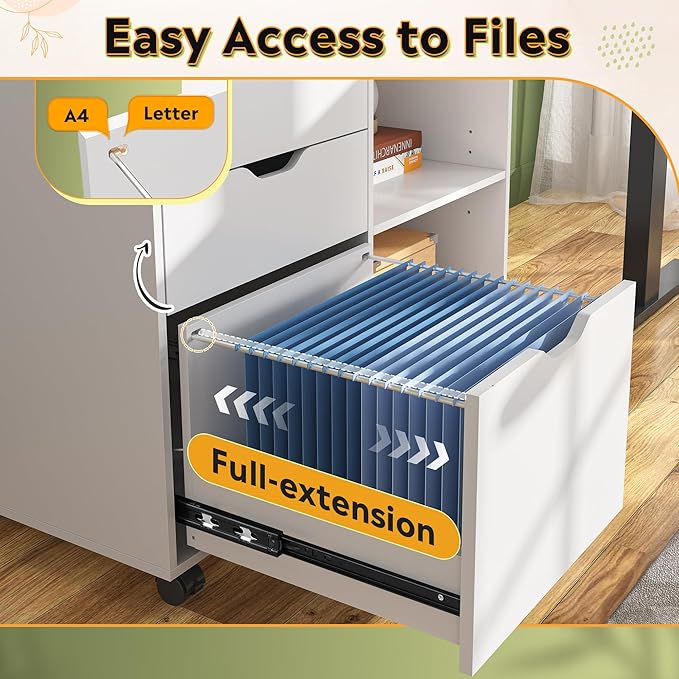 DEVAISE 3-Drawer Wood File Cabinet, Mobile Lateral Filing Cabinet, Printer Stand with Open Storage Shelves for Home Office, White