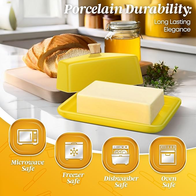 Flexzion Ceramic Yellow European Butter Dish with Lid for Countertop (8 Inch) - Wide 2 Stick Double Butter Holder for Counter, Cream Cheese Container Storage Keeper