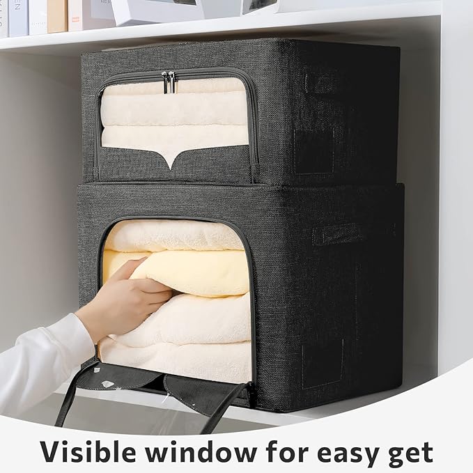 FHSQX 3 Pack Clothes Storage Bins Foldable Metal Frame Storage Box Stackable Linen Fabric Organizer Set with Carrying Handles and Clear Window (Black, 15.7x11.8x7.8inch(22L))