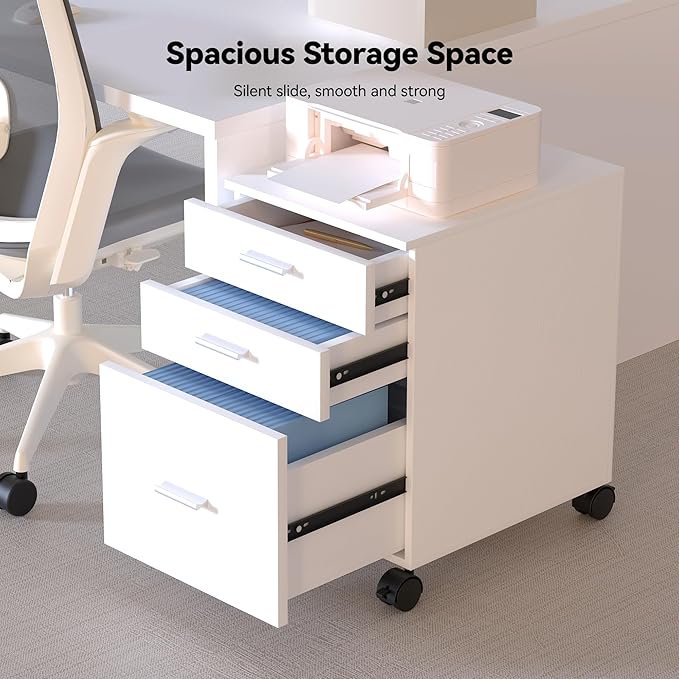 3 Drawer Mobile File Cabinet on Wheels,White Rolling Storage Cart Organizer for Letter/A4 Files, Ideal for Office, Home, Classroom Organization,Printer Stand,19" L x 16" W x 22" H