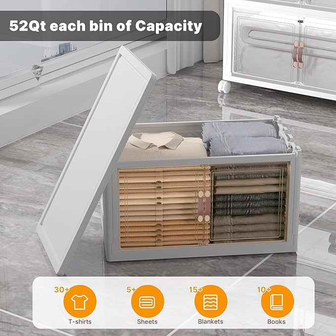 275Qt Stackable Storage Bins with Lids, 5 Pack Large Collapsible Bins with Wheels, Plastic Cabinet with Doors, Foldable Closet Organizers and Storage for Home, Dorm, Office, White