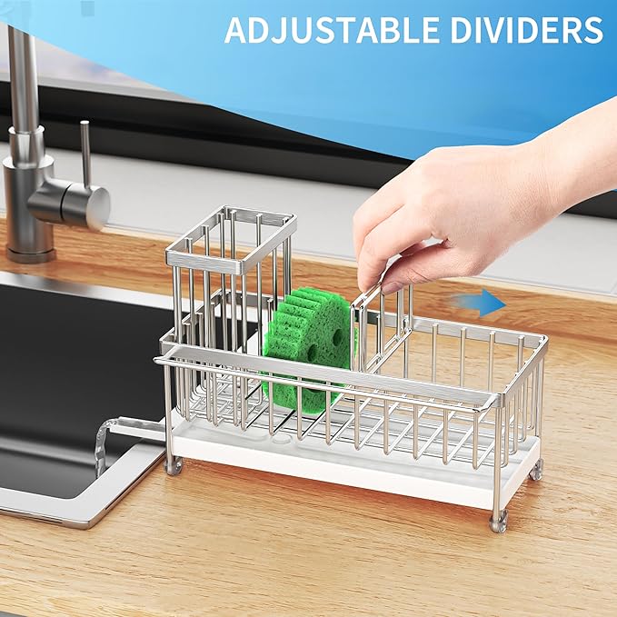 Cisily Stainless Steel Sponge Holder for Kitchen Sink with Towel Rack, Sink Caddy with Kitchen High Brush Holder, Organzier Rustproof 304 Stainless Steel Dish Organizer Divider, Soap Dispenser Storage