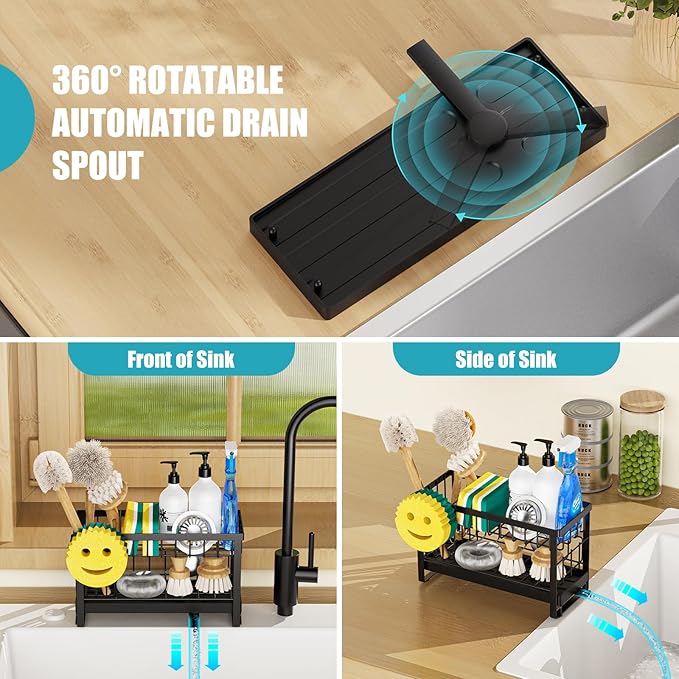 Sponge Holder for Kitchen Sink with Flexible Sponge Holder Smiley Face,2 Tier Kitchen Sink Organizer Countertop and Storage Essentials,Soap Dispenser Organize,Home Decor Accessories-Black