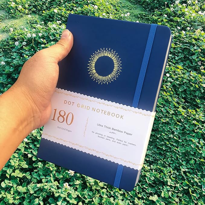 Dotted Notebook Journal 180GSM Bamboo Thick White Paper 160 Pages 5 * 5MM Dot Grid, Lay Flat Binding,Colored Silver Edges, Bookmarks and Expandable Back Pocket (BKP-3)