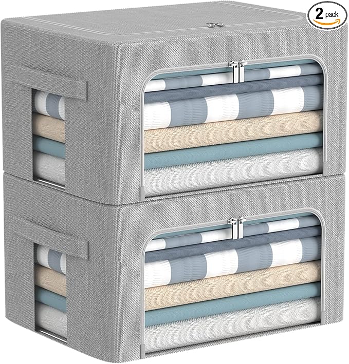 CYhom Clothes Storage Bins Box - Foldable Stackable Container Organizer Set with Clear Window & Carry Handles & Metal Frame - 2Pack Large Capacity for Bedding, Blankets, Books