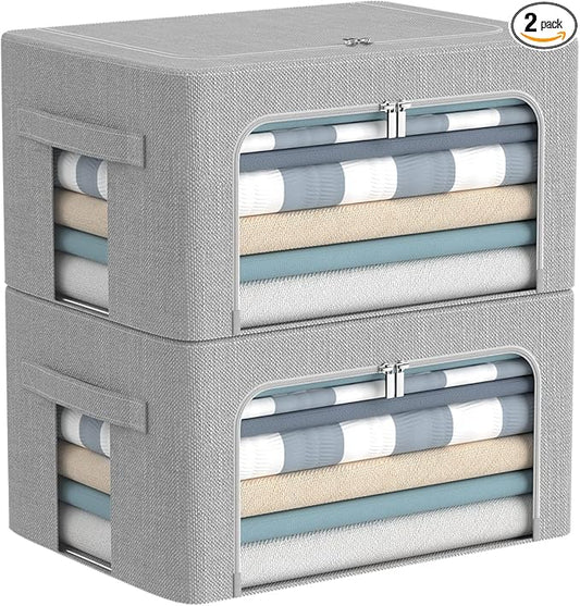 CYhom Clothes Storage Bins Box - Foldable Stackable Container Organizer Set with Clear Window & Carry Handles & Metal Frame - 2Pack Large Capacity for Bedding, Blankets, Books