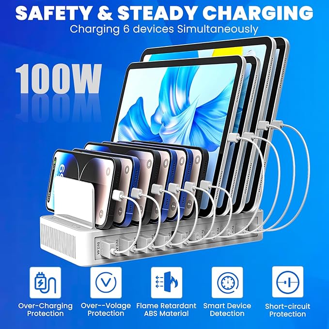 Charging Station for Multiple Devices, 100W 10 Ports Charging Dock with 10 Cables Smart IC Tech and Adjustable Dividers Type-C，Multi USB Charger for iPhone Galaxy iPad Tablet，White
