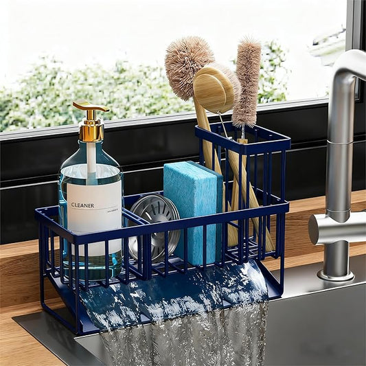 Cisily Navy Blue Sink Caddy Organzier with High Brush Holder, Sponge Holder for Sink, 304 Rustproof Stainless, Kitchen Countertop Soap Dispenser Organizer, Gray Blue Kitchen Decor and Accessories
