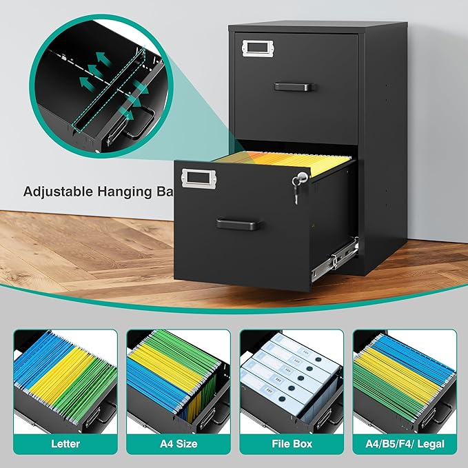 SISESOL 2 Drawer File Cabinet with Lock,Narrow Vertical Filing Cabinet,Under Desk File Cabinets,Black Metal File Cabinets for Home Office,Fit Letter/A4/Legal Size File,Easy Assembly
