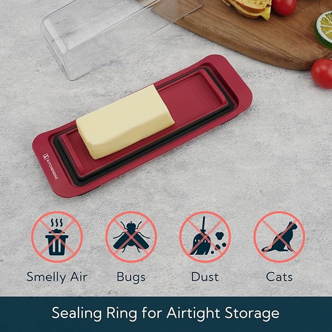 KITCHENDAO Airtight Butter Dish with Lid for Countertop and Refrigerator Door Shelf, Butter Keeper, Plastic Butter Holder Tray Container for West/East Coast Butter, Red