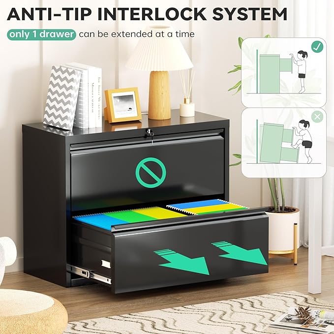 Bonusall Lateral File Cabinet with Lock, 2 Drawer Locking Lateral Filing Cabinet for Legal/Letter Size, Metal Horizontal File Organizer with Hanging Rack for Home Office, Heavy Duty, Black