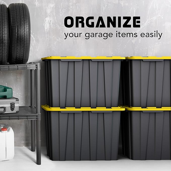 Lifetime Home 4 PACK of X-Large 23 Gallon Plastic Storage Bin Tote Organizing Container with Secure Latching Lids, Stackable, Extra Strength with Built in Handle - Black & Yellow