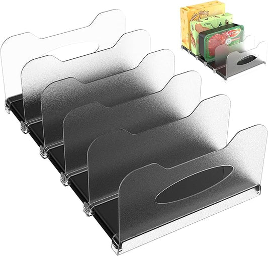 Freezer Organizer 12” Visible Fridge Organizer Rack with Removable Dividers and Handles, Freely Adjustable, Fits Refrigerator Frozen Meals, Lunch Meat Box, Cheeses (Black)