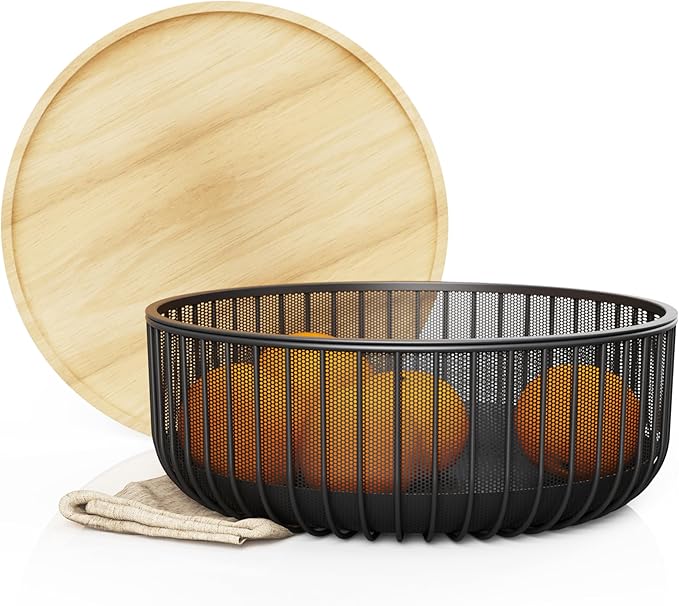 Metal Wire Mesh Fruit Basket with Wooden Lid - Fly-Proof Indoor Solution for Fresh Fruits - Covered Fruit Bowl with Lid - Produce Cover Against Flies for Vegetables - Black