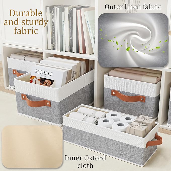 OUTBROS Storage Bins,Foldable Storage Baskets for Organizing,Fabric Storage Boxes With Handles,For bedrooms, living rooms, Shelves,Gray/White,15x6.1x5.1in,3-Pack