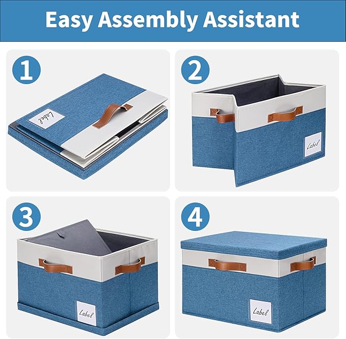 GhvyenntteS Fabric Storage Bins with Lids (3 Pack), Large Closet Storage Baskets with Lid and 3 PU Handles, Foldable Fabric Storage Boxes with Label Window for Home Office (Blue, 15" x 11" x 9.7")