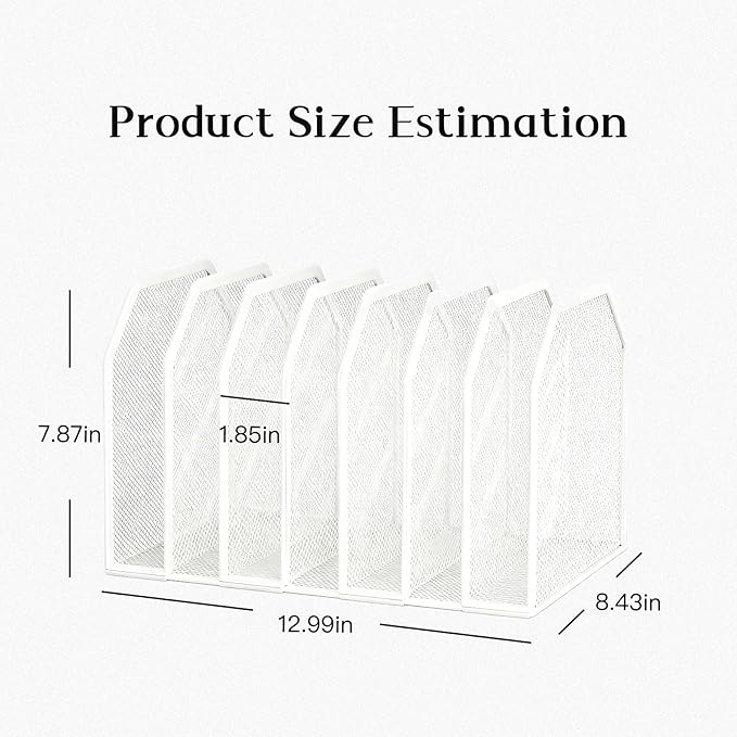 7-Grid Detachable Vertical File Organizer, Metal Mesh File Holder for Desk, Desktop Document Sorter for Home Office School, White Office Supplies for Paper Magazine Organization