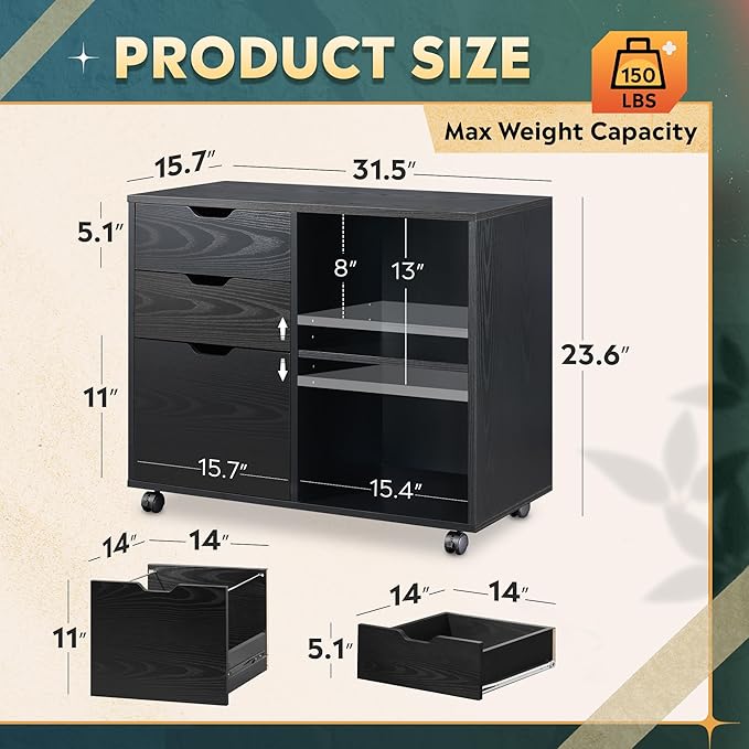 DEVAISE 3-Drawer Wood File Cabinet, Mobile Lateral Filing Cabinet, Printer Stand with Open Storage Shelves for Home Office, Black