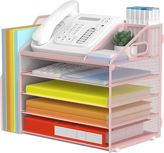 DocNest 5 Tier Paper Letter Tray File Organizer, Mesh Desk File with Handle, Workspace Desk Organizers with Pen Holder, Office Organization Storage Accessories - Pink