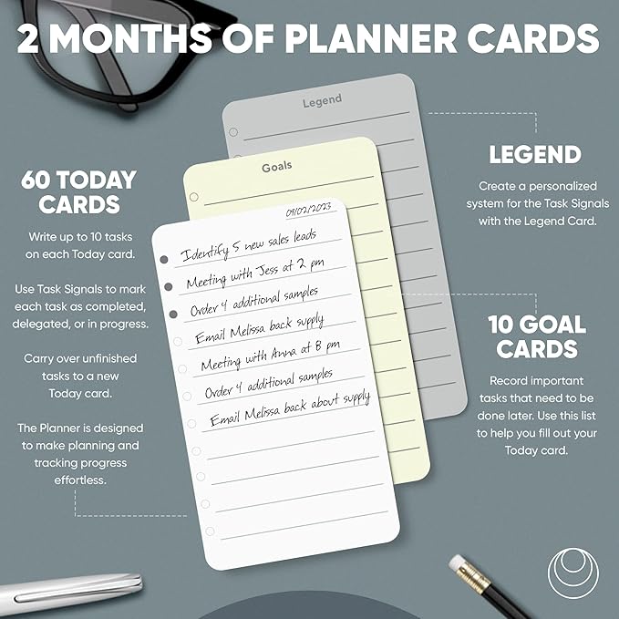 Undated Daily Productivity To Do List Cards - 60 To-Do List Cards, 10 Goal Setting Cards - Daily Checklist Cards and Note Pads - Simple and Effective Analog System