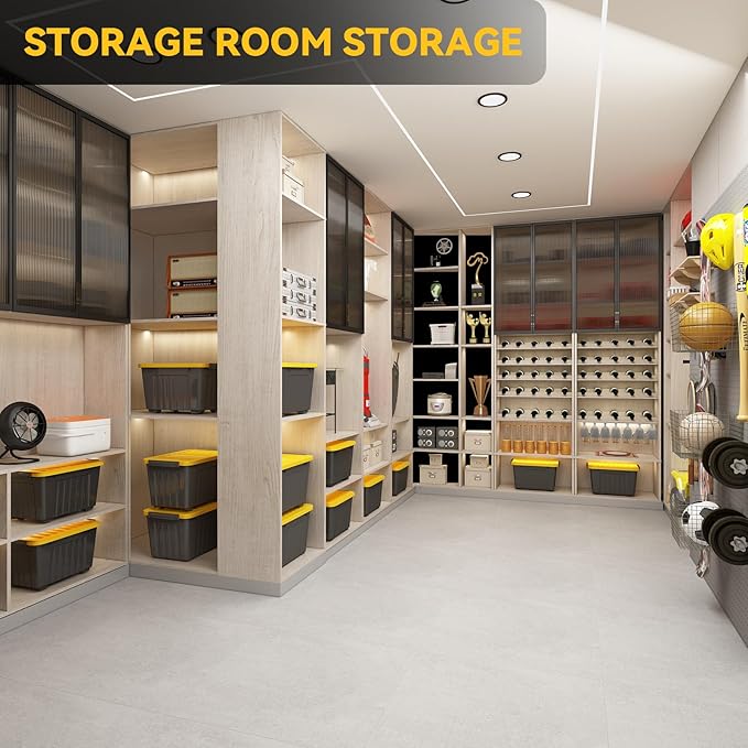 Nazhura 72Quart Plastic Storage Bin, Stackable and Nestable Storage Boxes with White Lids and Secure Latching Buckles, Large Storage Container (Black/Yellow, 72Quart-6Pack)