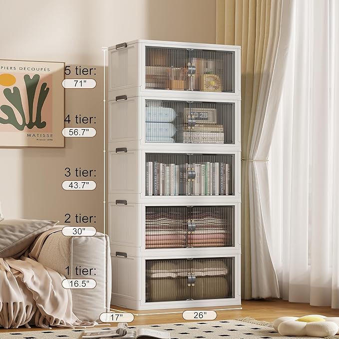 SAILUN 145Gal/580Qt Stackable Storage Bins Folding Collapsible Storage Bins with Lid, Closet Organizers and Storage, Grey 26" W x 17" D x 71" H