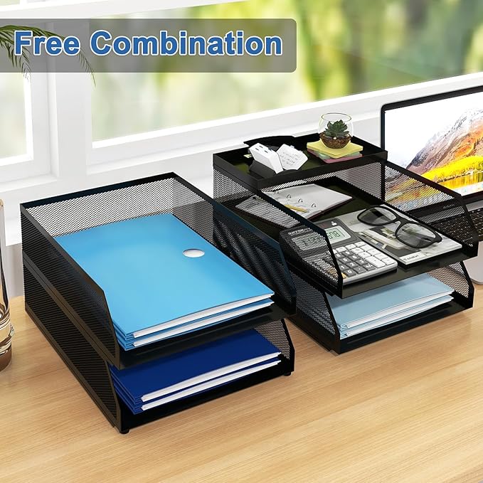 Natwind 4-Tier Stackable Paper Tray, Metal Mesh Desktop Organizer, Paper Sorter, Letter Trays,File Document Storage Rack for for Home, Office, School (Black)