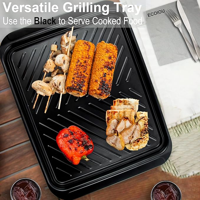 Large Grilling Prep and Serve Trays, 17.3" x 13" BBQ Platters for Raw and Cooked Food, Melamine Serving Trays for Food, Set of 2, Black and Red