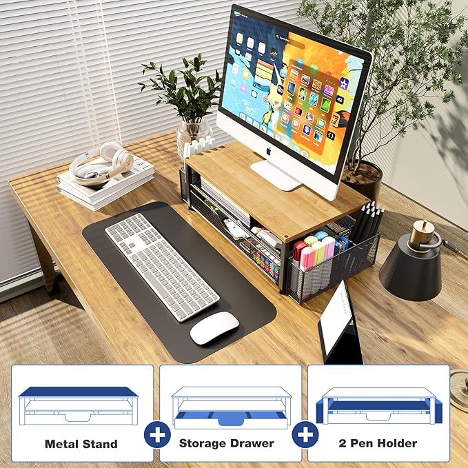 Desk Organizers and Accessories, 2-Tier Computer Monitor Stand with Drawer and 2 Pen Holders, Laptop Stand, Office Desk Accessories for Office Supplies, Oak