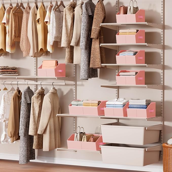 Storage Bins for Shelves - Large Trapezoid Closet Shelf Organizer, Fabric Organization Bins with Handles, Storage Baskets for Clothes, Towel, Purse, 6 Pack, Pink