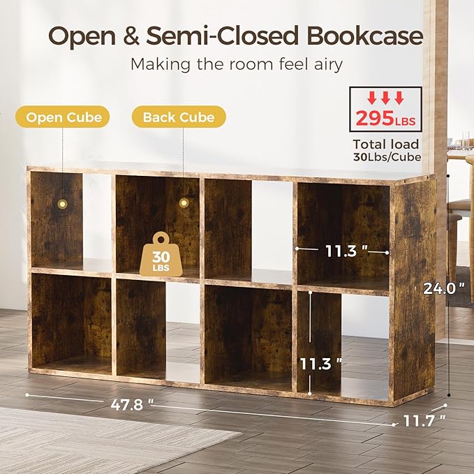 COMHOMA 8 Wood Cube Storage Organizer with Open Back and Removable Back Panels, 11In Brown Cube Storage Bookshelf, Cubicle Shelf Bookcase for Home Office Bedroom Living Room, Vertical or Horizontal