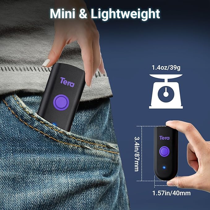 Tera Mini 1D Barcode Scanner: Pocket Waterproof Wireless Laser Scanner 3 in 1 Compatible with Bluetooth USB Wired Portable Bar Code Reader for Logistics Work with iOS Windows Android 1100L Purple